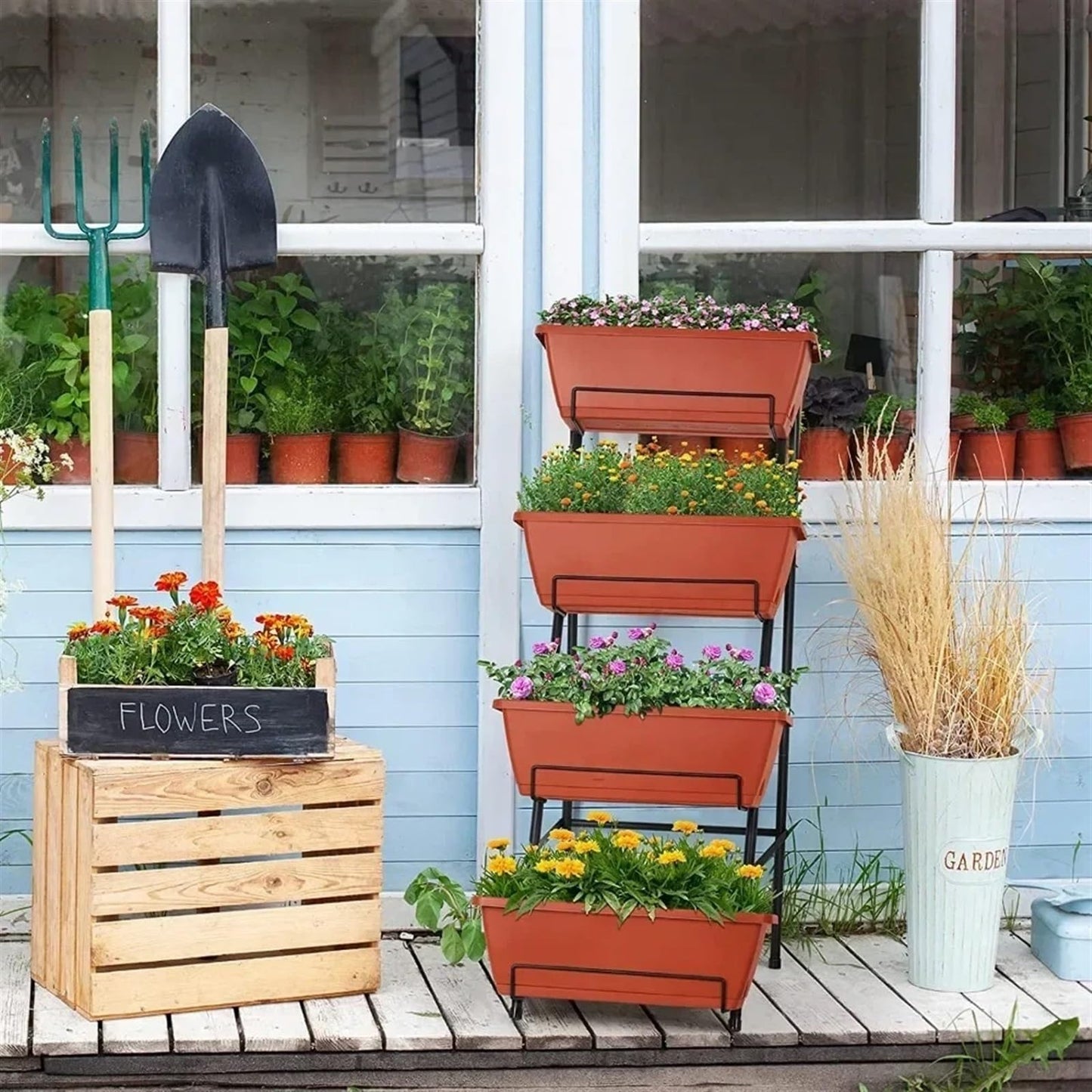 FURUIM2024M Flower Stand Vertical Raised Garden Bed 4 Tiers Planter Box Freestanding Garden Planter, Garden Supplies Accsesories Plant Shelves(Red,3TIRE)