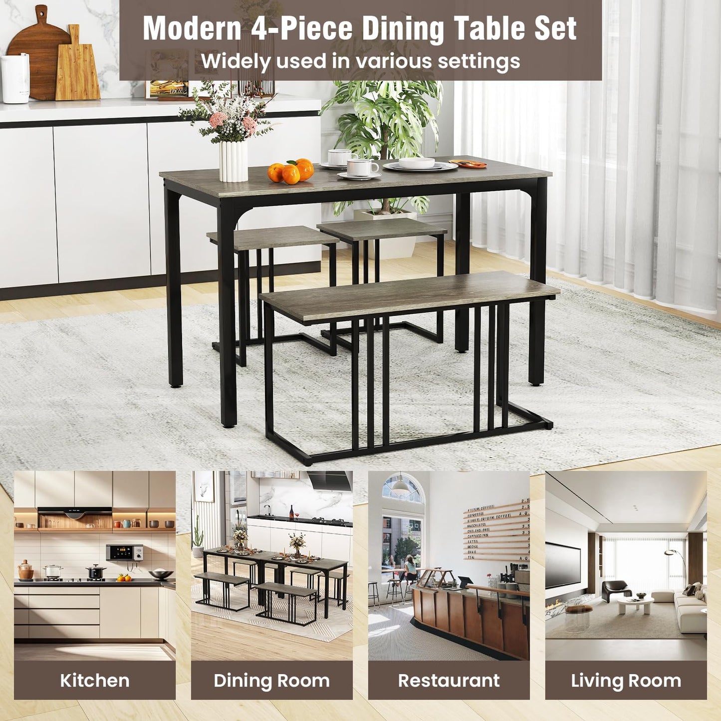 Giantex 4-Piece Dining Table Set for 4, Modern Kitchen Table and Chairs, Nesting Furniture Set with Bench & 2 Stools, Space-Saving Desk Set, Dinette Set for Small Place, Dining Room Restaurant (Grey)