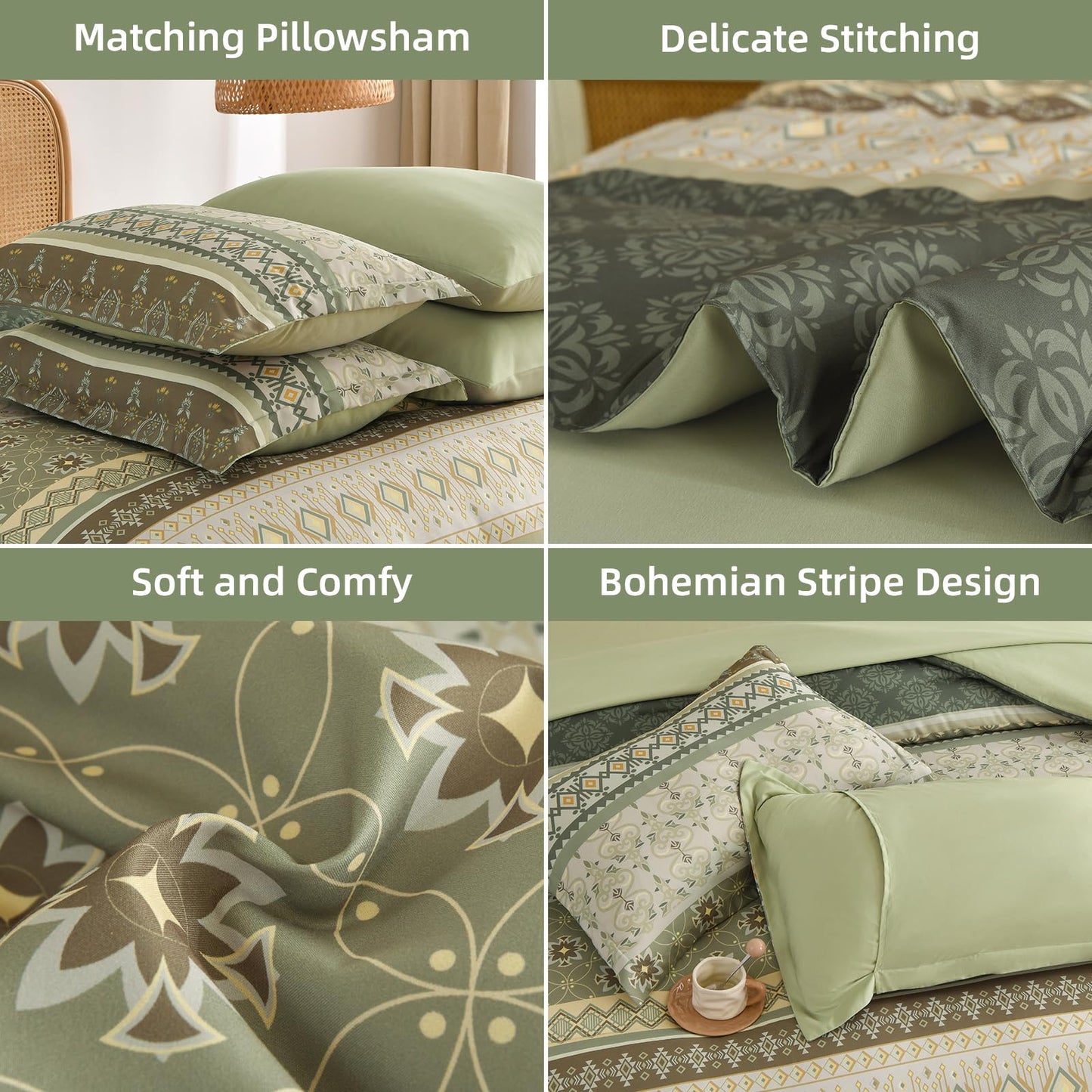 Comforter Set King Size Boho,7 Pieces Bohemian Bedding Comforter Set Striped Bed in a Bag,Grey Green Paisley Floral Comfortet and Sheet Set,Soft Green Gray Bedding Sets for Family