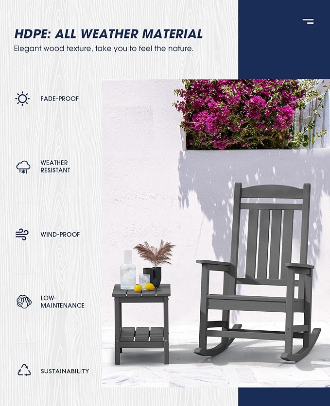 KINGYES Outdoor Rocking Chairs, HDPE All-Weather Patio Rocking Chairs High Back Porch Rocker for Adult, Gray