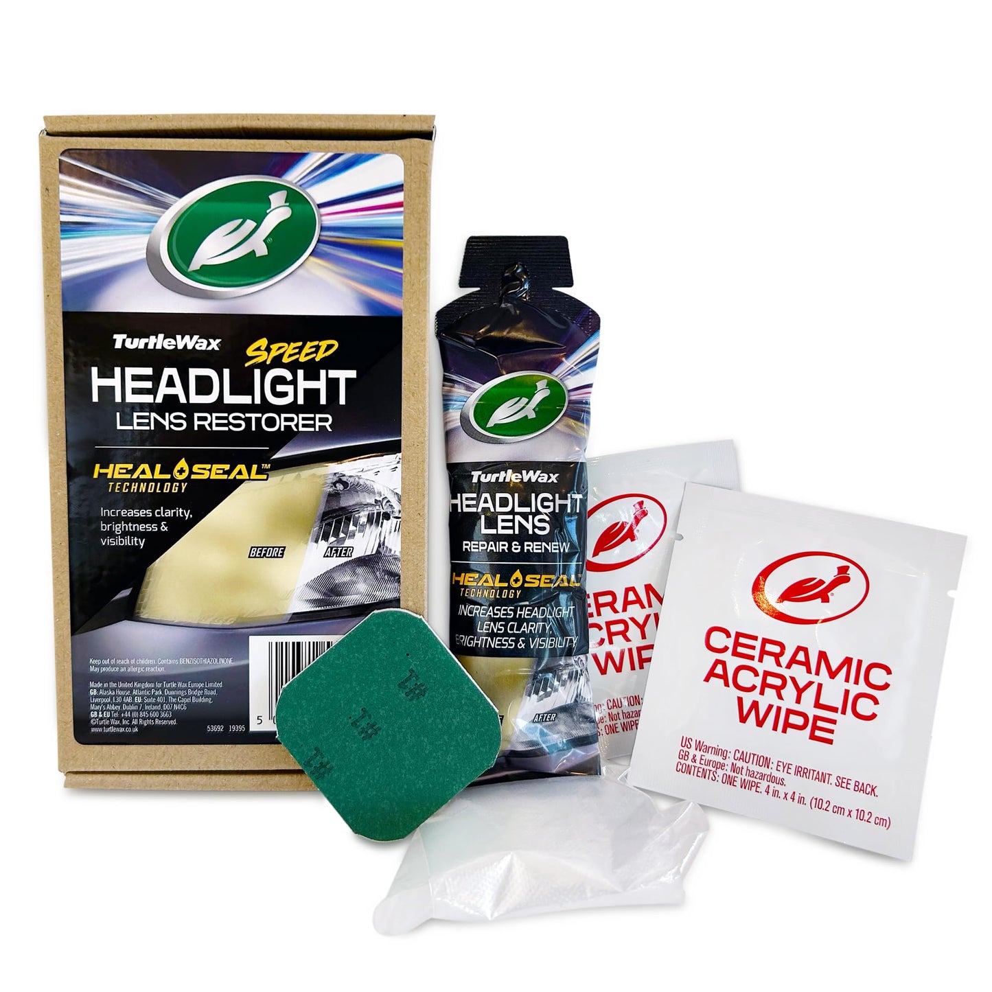 Turtle Wax Car Headlight Restoration Kit, Removes Oxidation and Renews Yellowing Headlights, Includes Polishing Pad, Headlight Lens Repair & Renew Compound and 2 Ceramic Acrylic Sealing Wipes