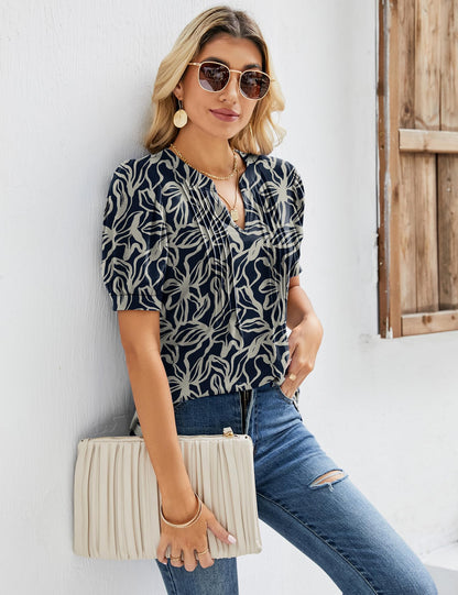 EFFAN Womens Tunic Tops Short Sleeve Summer T Shirts Ladies Blouses Dressy Floral Printed Fashion Top Floral_Navy M (UK 12-14)