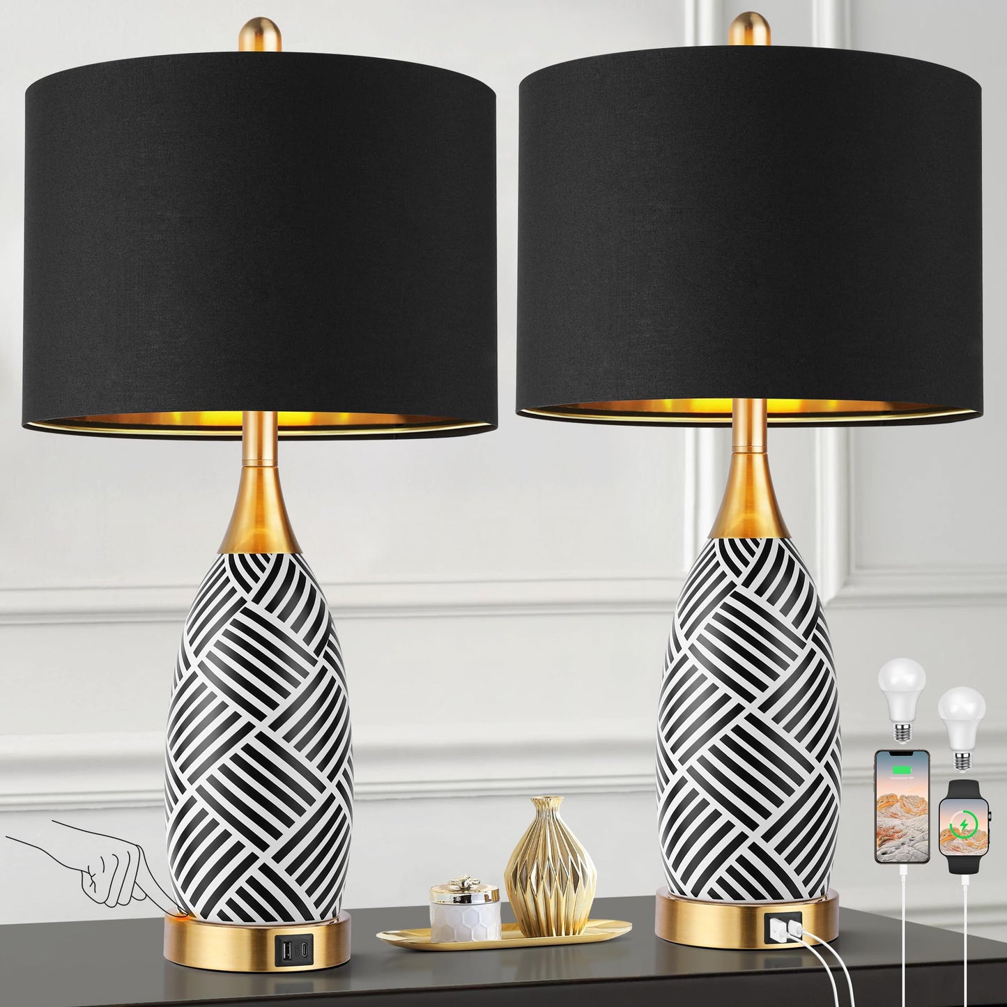 25.5" Touch Control Black and Gold Lamp,3-Way Dimmable Modern Ceramic Table Lamps with USB & Type-C Ports,Classic Black/White Striped Bedside Lamps for Bedroom Living Room Office(Bulbs Included)