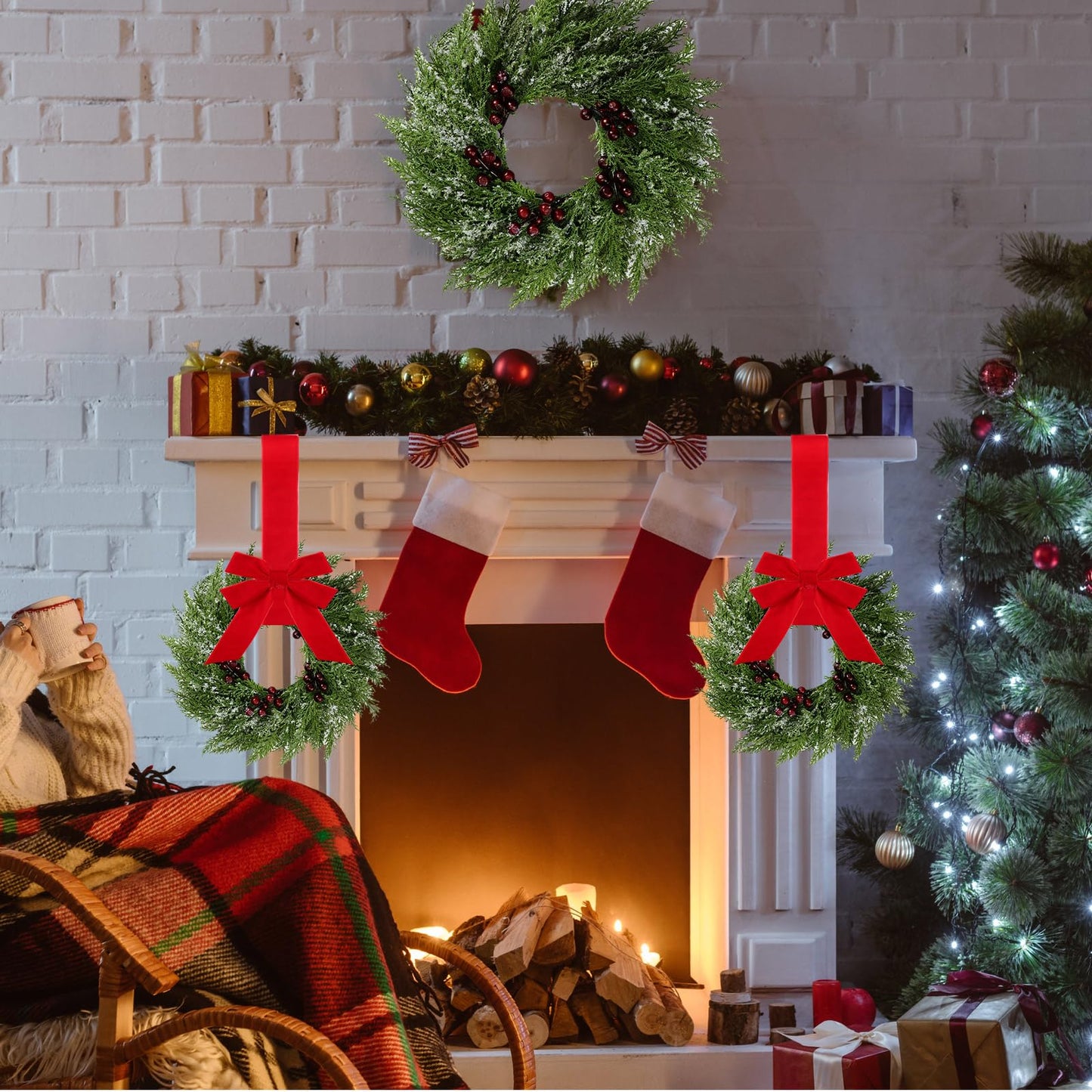 12 Pcs Small Christmas Norfolk Wreaths 15 Inch Christmas Kitchen Cabinet Mini Wreath with Bow Ribbon Cedar Berry for Xmas Front Door Window Chair Fireplace Table Pillar Farmhouse
