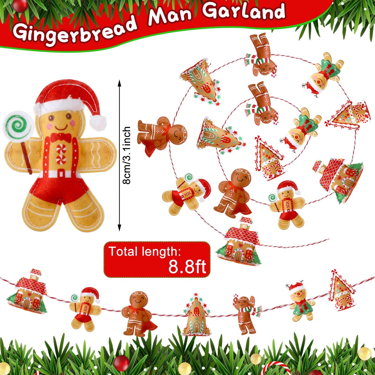 Generic 8.8 ft Gingerbread Christmas Garland Cute Gingerbread Men Christmas Tree Garland Felt Hanging House Xmas Home Bunting Banner for Tree Ornaments Party Holiday Wall Decor