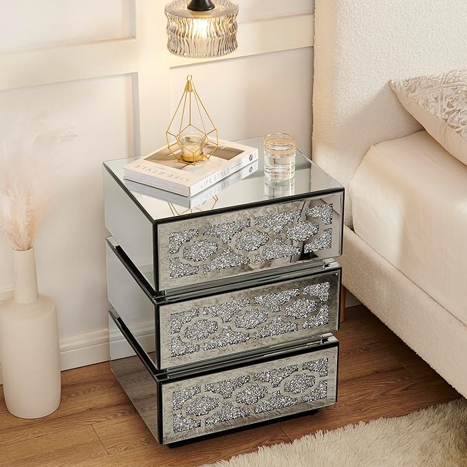 Mirrored Bedside Nightstand, Modern Side Table