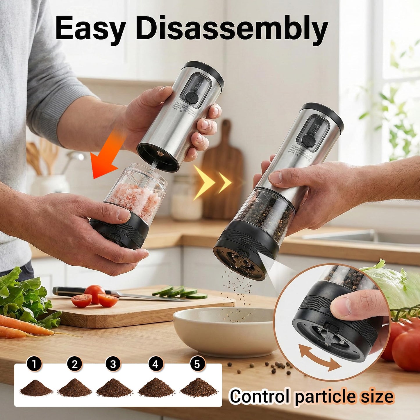 Electric Salt and Pepper Grinder Set with Rechargeable Base，Stainless Steel Automatic Refillable Electric Salt and Pepper Shakers，Large Capacity, 2-Speed Setting, LED & Adjustable Coarseness, Black