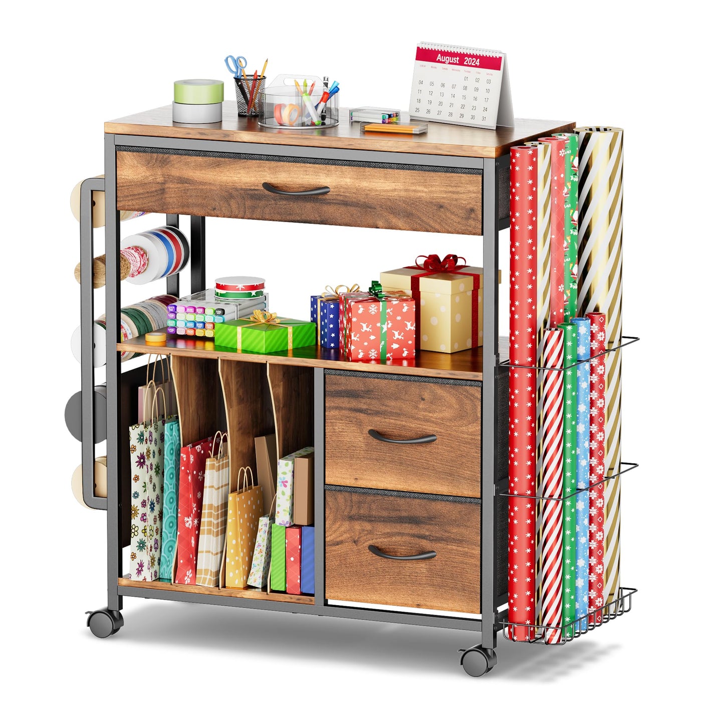 PUNLUXU Wrapping Paper Storage Cart, Rolling Gift Wrap Station with Ribbon and Gift Bag Storage, Wrapping Paper Organizer Holder, Craft Organizers and Storage for Christmas, Craft Storage Cart 004
