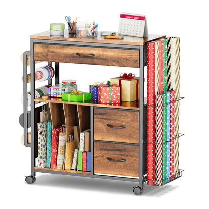 PUNLUXU Wrapping Paper Storage Cart, Rolling Gift Wrap Station with Ribbon and Gift Bag Storage, Wrapping Paper Organizer Holder, Craft Organizers and Storage for Christmas, Craft Storage Cart 004