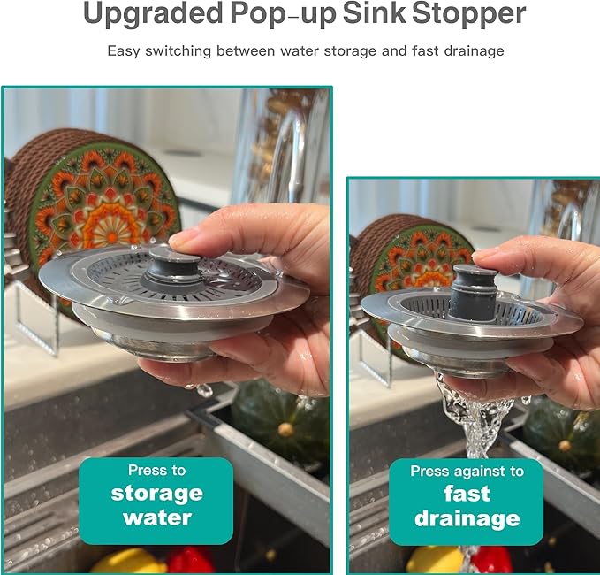 Kitchen Sink Drain Strainer 3 in 1, 304 Stainless Steel Pop Up Sink Stopper