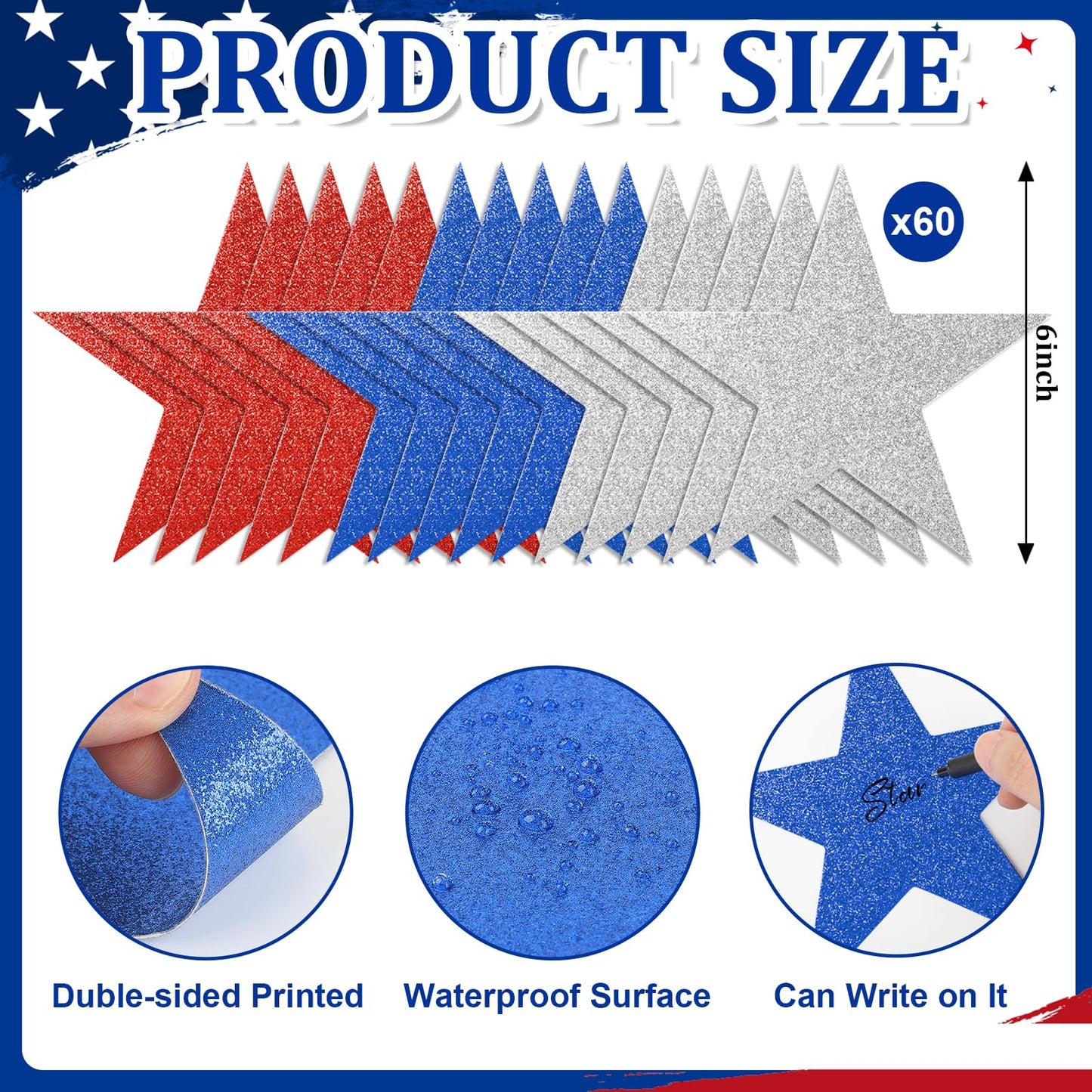 60 Pcs Patriotic Star Cutouts Double Printed Paper Star Confetti Cutouts for 4th of July Decoration Bulletin Board Classroom Wall Decoration,6 Inches (Red, Blue, Silver)
