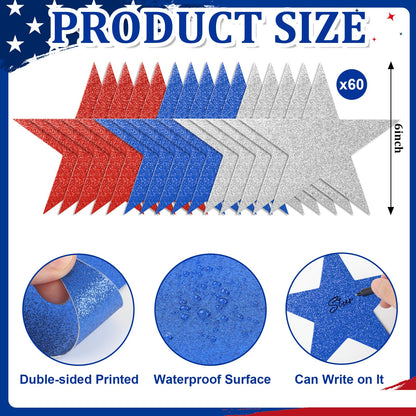 60 Pcs Patriotic Star Cutouts Double Printed Paper Star Confetti Cutouts for 4th of July Decoration Bulletin Board Classroom Wall Decoration,6 Inches (Red, Blue, Silver)
