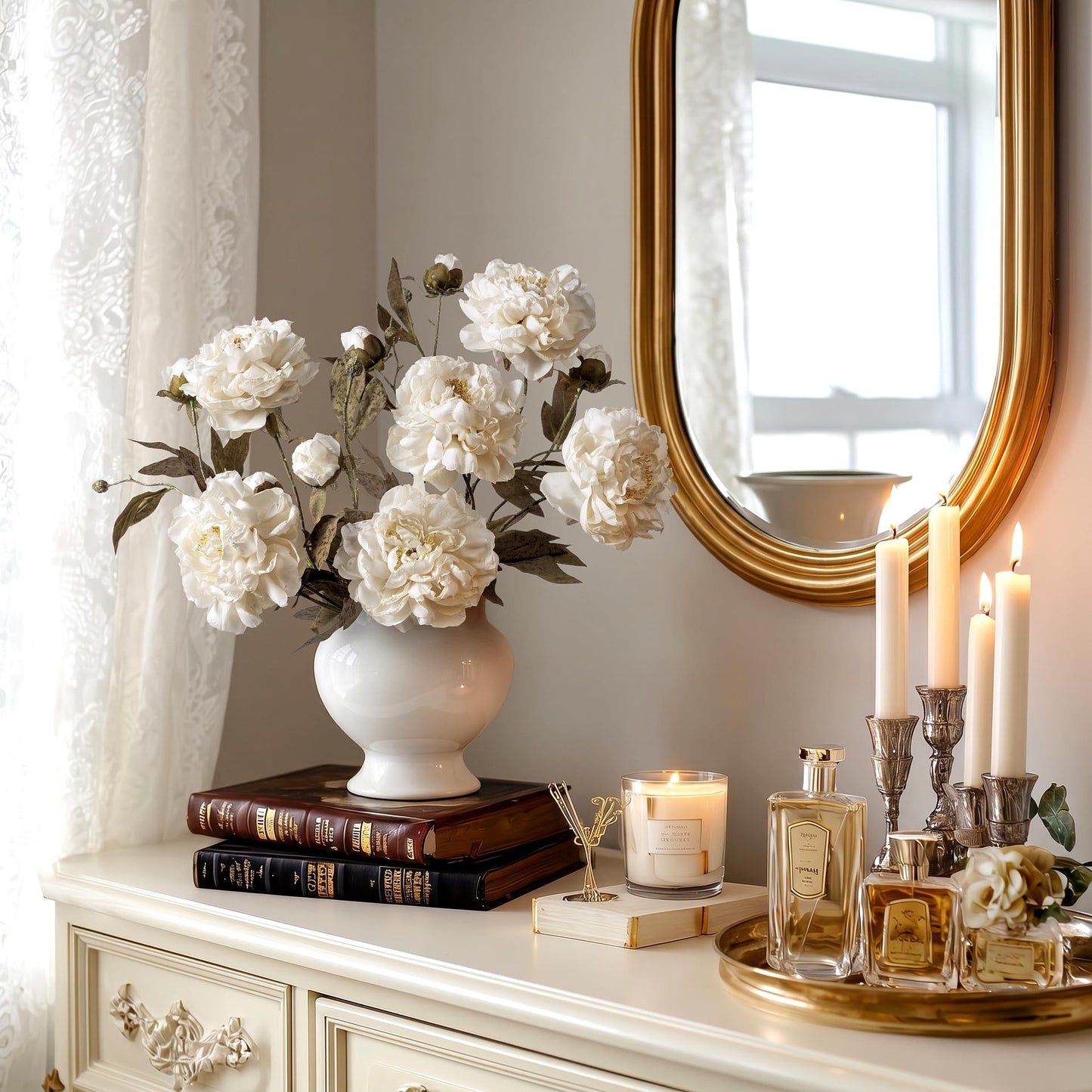 White Artificial Peony Flowers for Vase, 6 Faux Peony Stems with Large Realistic Blooms and Buds, 28.3" Long Stem Silk Peonies, Faux Flowers for Wedding Centerpieces, Living Room Table Home Decor