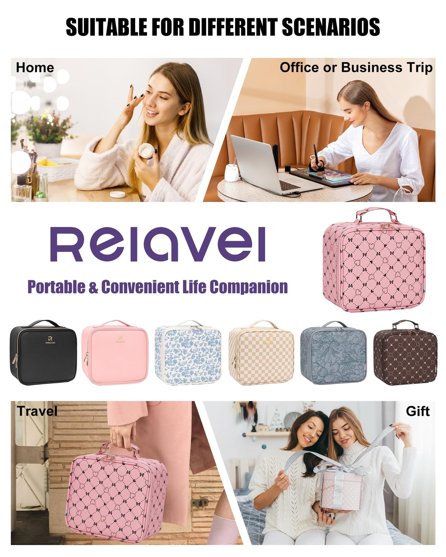 Relavel Travel Makeup Bag With LED Mirror, Cosmetic Train Case with Light up Mirror, Portable Makeup Artist Organizer Bag with Adjustable Dividers, Makeup Brush Holder Storage, Black