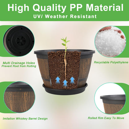 10-inch-Plant-Pots-Indoor-Outdoor, 4 Pack Whiskey Barrel Planters with Drainage Holes & Saucer, Plastic Flower Pots Imitation Wine Barrel Design, Decorative Garden Pots for Plants