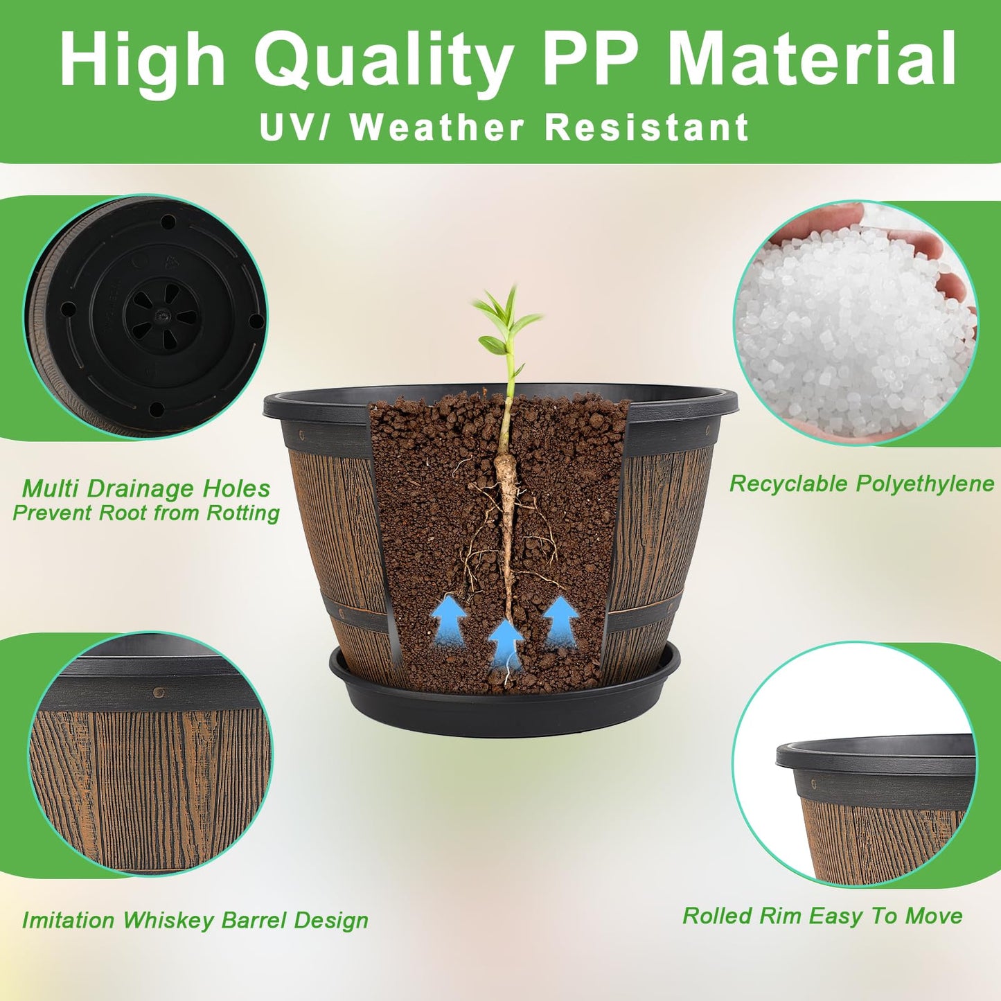 8-inch-Plant-Pots-Indoor-Outdoor, 4 Pack Whiskey Barrel Planters with Drainage Holes & Saucer, Plastic Flower Pots Imitation Wine Barrel Design, Decorative Garden Pots for Plants