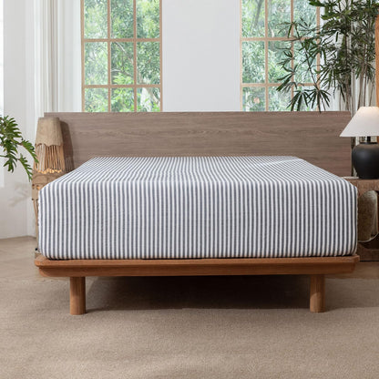 MooMee Striped Fitted Bottom Sheet Only 100% Washed Cotton Linen Like Textured Breathable Durable Soft Comfy Deep Pocket Fits Mattress up to 17" (Dark Grey White Classic Stripes, Queen)