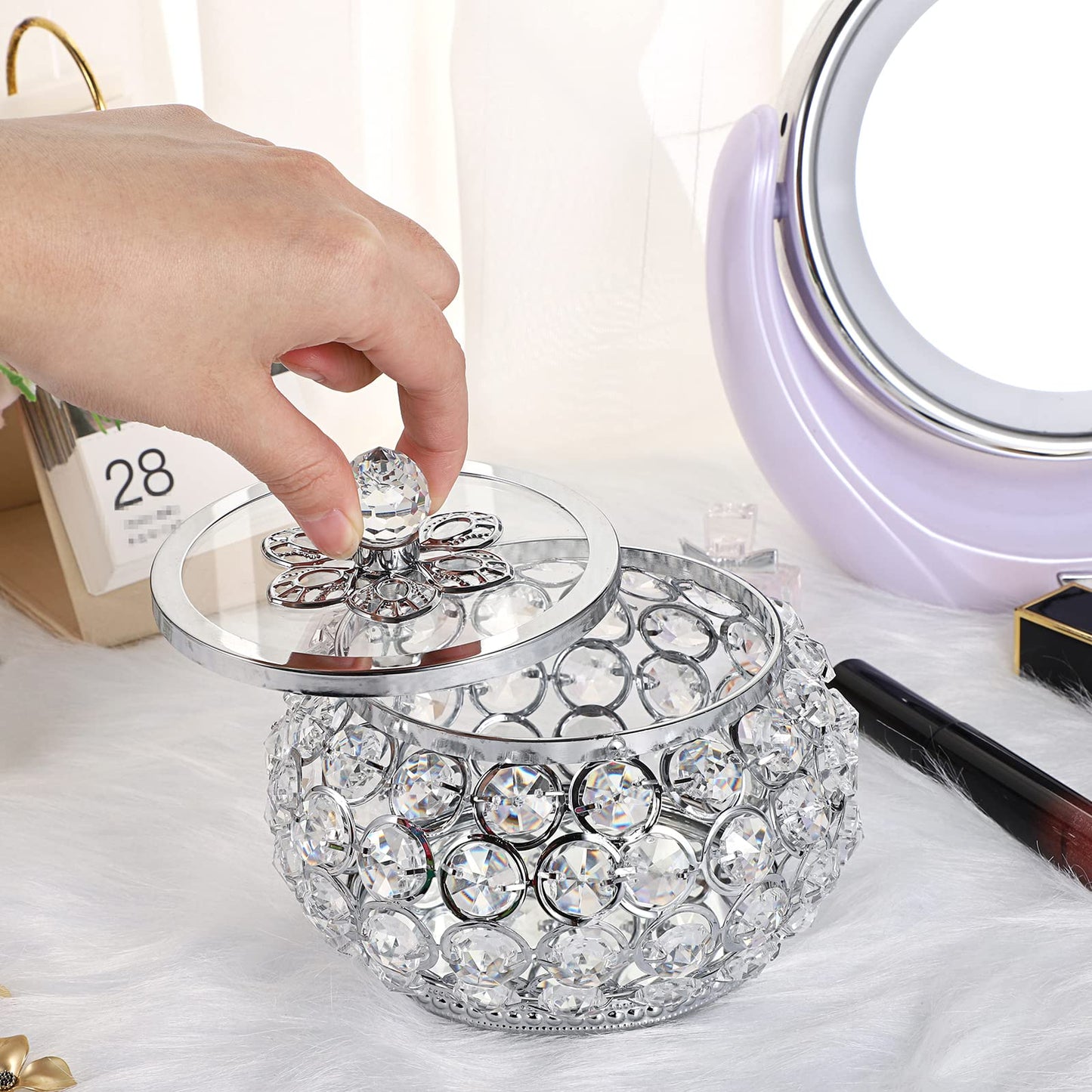 Hipiwe Crystal Jewelry Trinket Box with Glass Lid Silver Mirrored Treasure Box Decorative Jewelry Box Ring Earrings Necklace Storage Keepsake Box Gift for Women