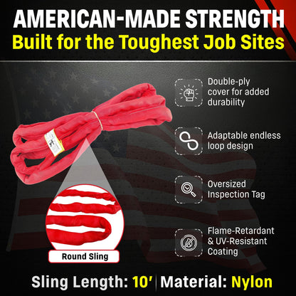 Chenango Supply VR5 Red Round Sling, 10 ft – USA Made, 13,200 lb Vertical, 10,560 lb Choker, 26,400 lb Basket – Double-Ply Cover Endless Poly Rigging Sling for Lifting & Material Handling (10 FT)