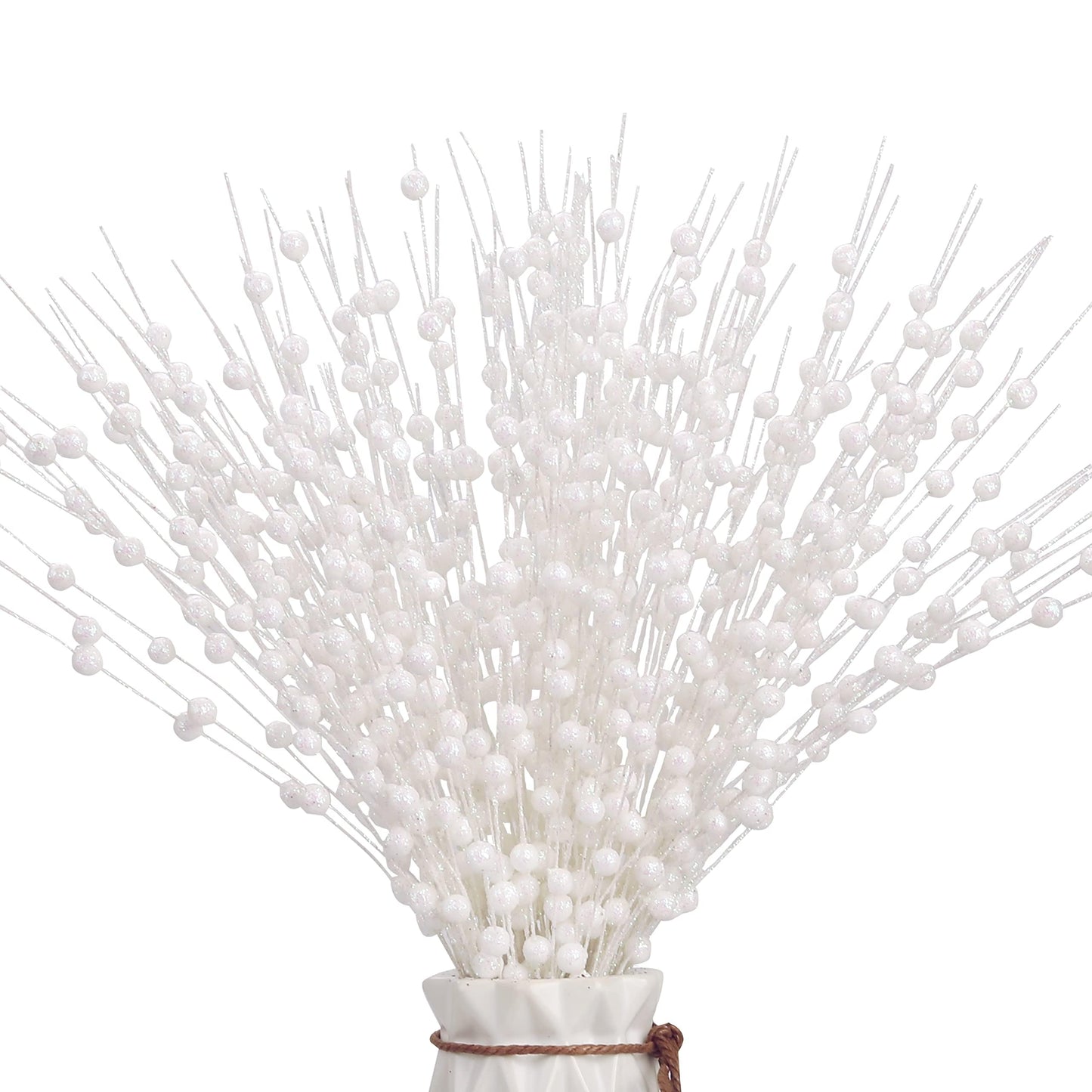 Megoogo 12 PCS Artificial Glitter Berry, White Christmas Glitter Picks Artificial Berries Stems for Christmas Ornaments Fake Sticks for Vases Tall DIY Wreath Home Decor (15.8’’)