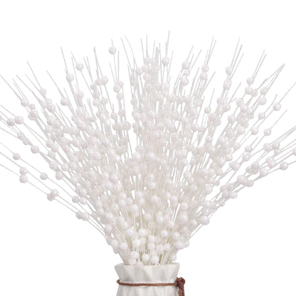 Megoogo 12 PCS Artificial Glitter Berry, White Christmas Glitter Picks Artificial Berries Stems for Christmas Ornaments Fake Sticks for Vases Tall DIY Wreath Home Decor (15.8’’)