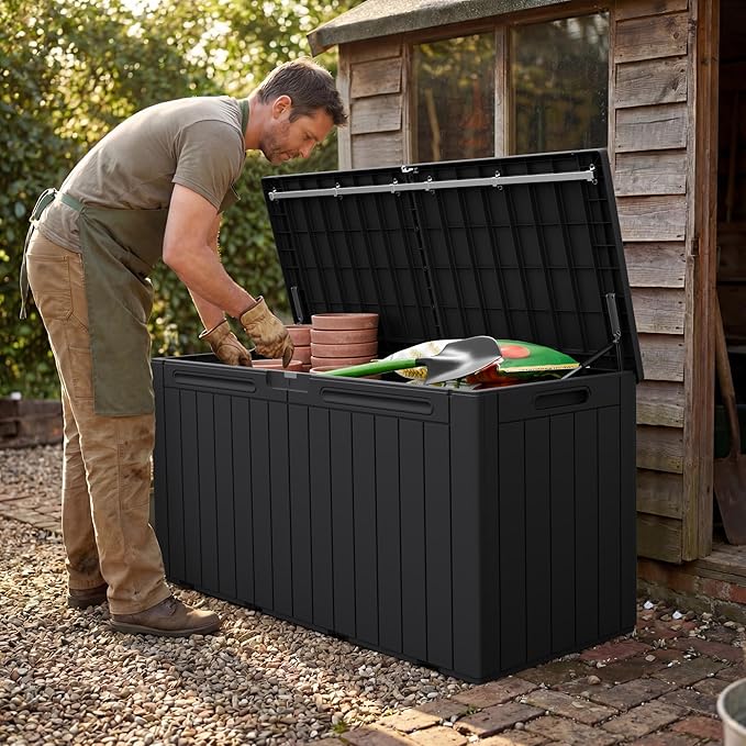 Greesum 110 Gallon Outdoor Storage Box with Lockable Lid, All-Weather Solution for Patio Furniture, Pool Supplies & Garden Tools, Waterproof, UV-Resistant Large Deck Box, Black