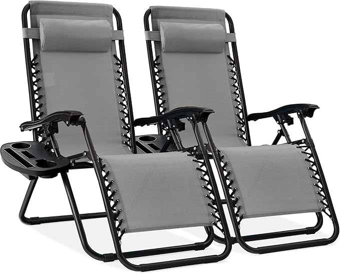 Best Choice Products Set of 2 Adjustable Steel Mesh Zero Gravity Lounge Chair Recliners w/Pillows and Cup Holder Trays - Ice Gray
