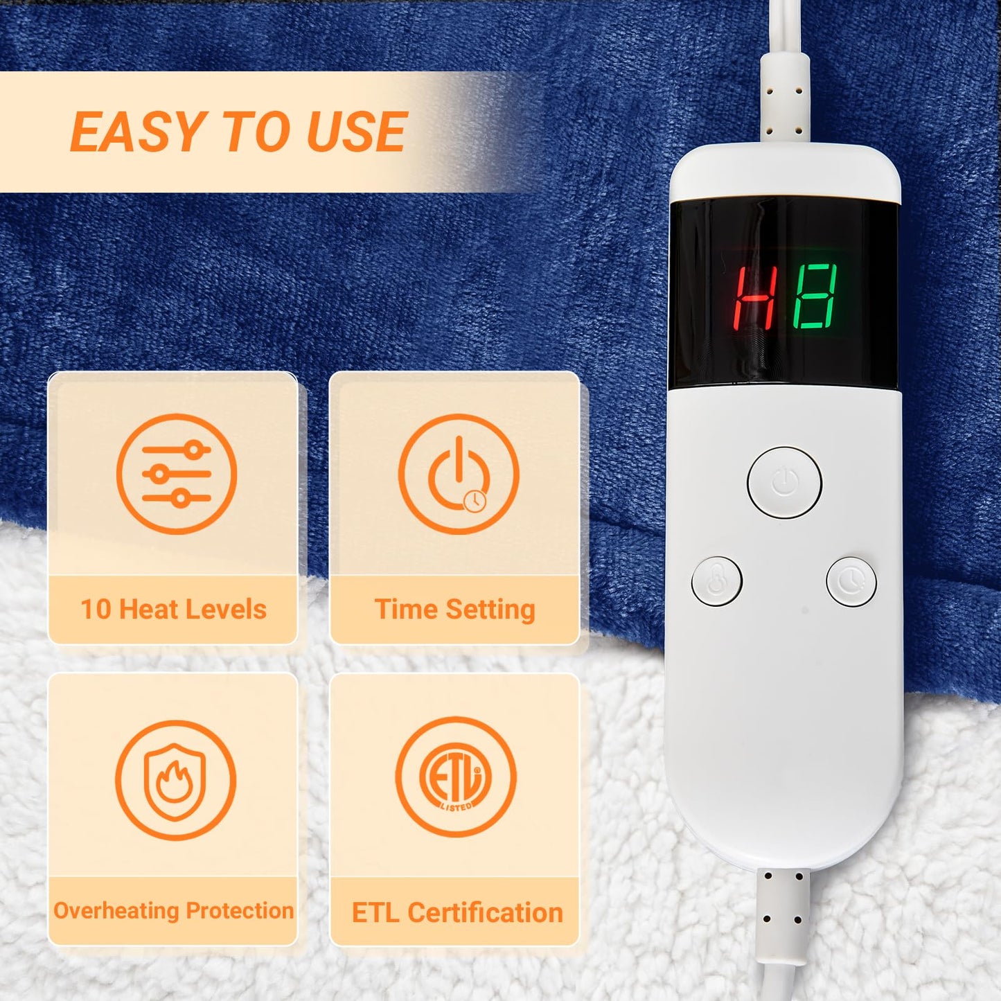 Electric Blanket Heated Throw, Soft Flannel Heating Blanket with 8 Hours Auto Off 10 Fast Heating Levels Machine Washable Sherpa Heated Blanket with Overheating Protection