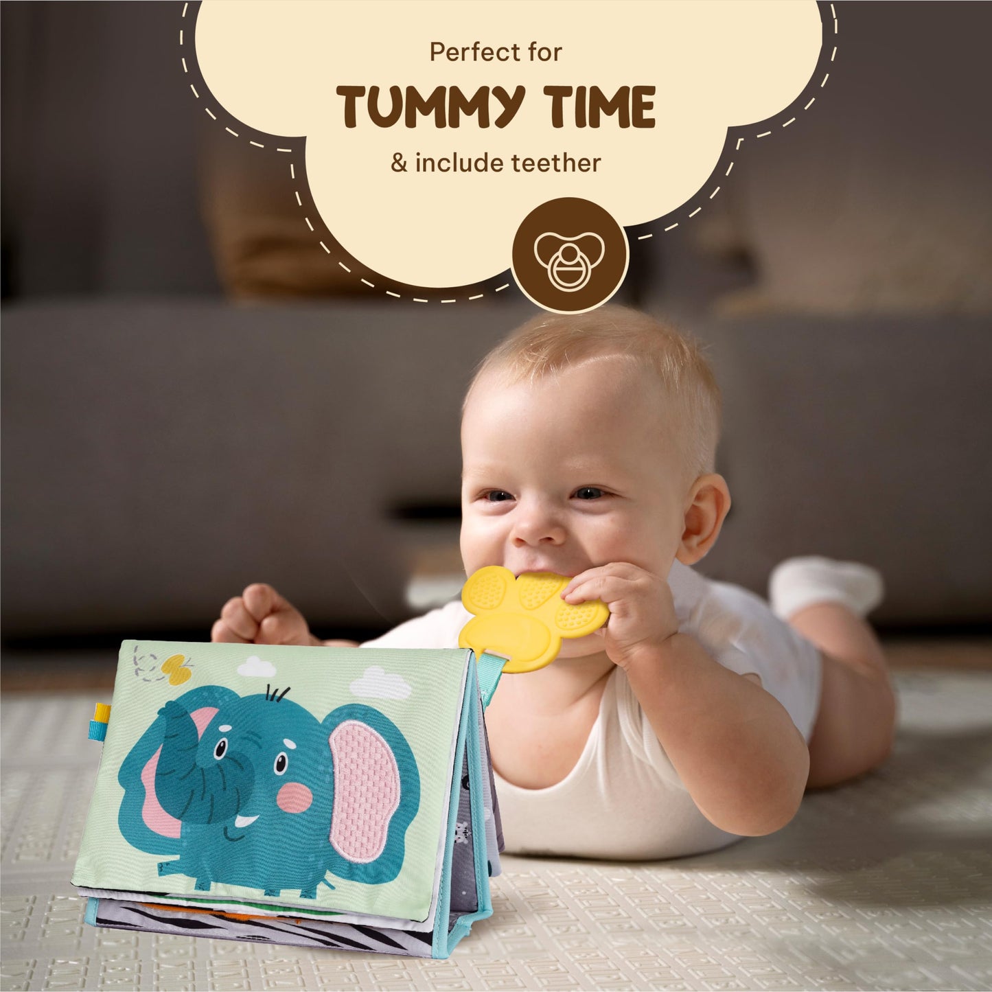 TINITIGIES Tummy Time Mirror for Babies - High Contrast Book with Large Stimulating Baby Safe Mirror & Silicone Teether & Crinkle Pages - Perfect Tummy Time Toys for Babies 0 3 6 9 Months