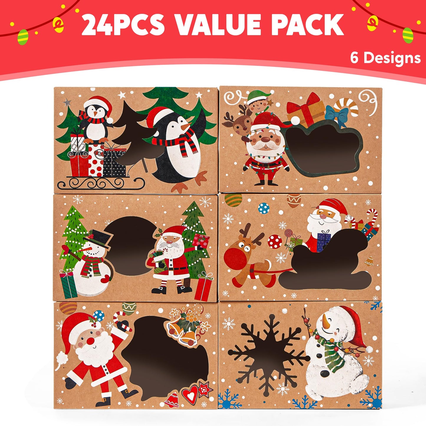 JOYIN 24PCS Christmas Cookie Boxes for Gift Giving, 8.75" x 5.75" x 2.75" Xmas Holiday Bakery Treat Boxes with Window, Kraft Cookie Tin Containers Box for Baked Goods, Cupcake, Pastry, Brownies, Candy