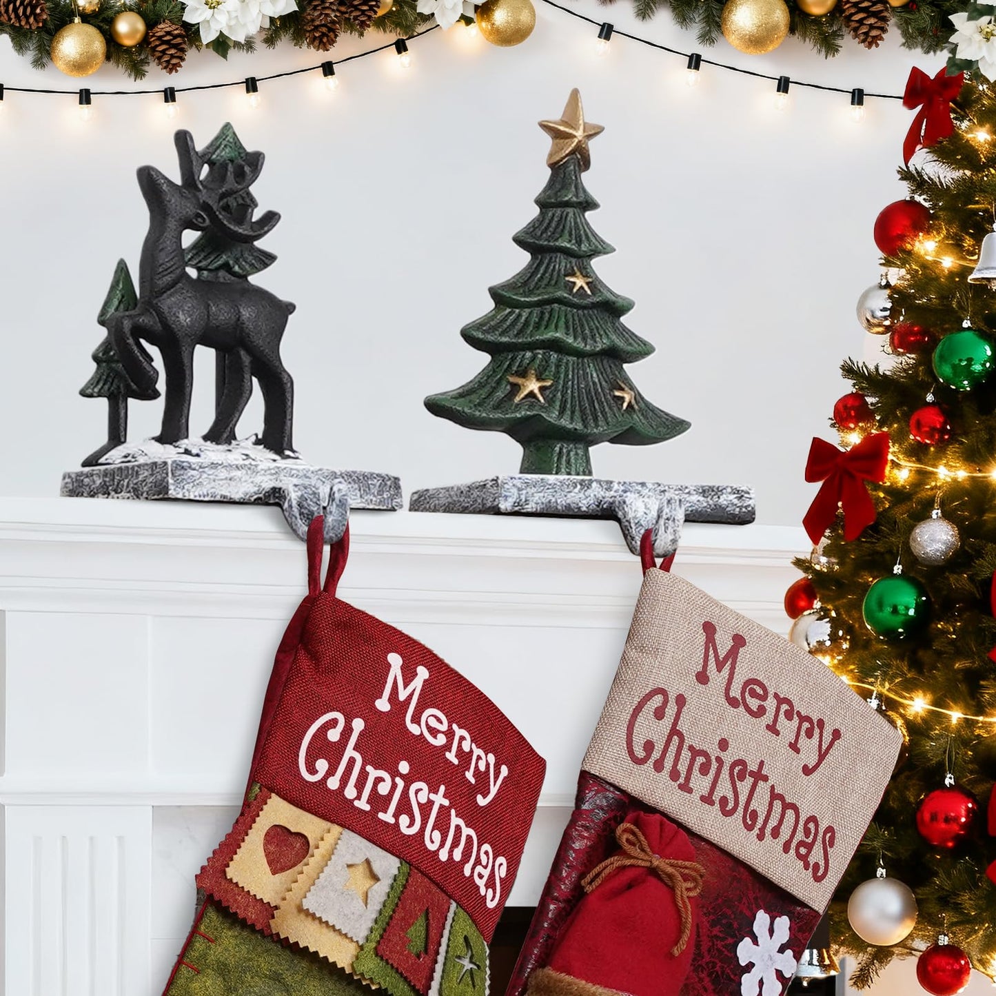 G GOOD GAIN Christmas Stocking Holders for Mantle - Set of 2 Heavy Duty Cast Iron Stocking Hangers with Non-Slip Base | Exquisite 3D Xmas Tree, Deer Mantel Hook for Fireplace Decoration Holiday Gifts