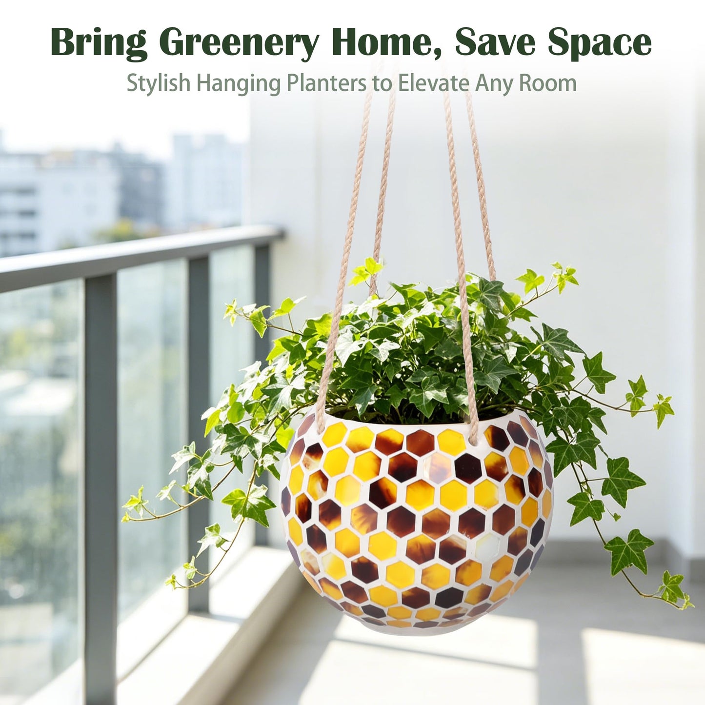 Chonsun Hanging Planter Mosaic Garden Pot Small Flower Pot for Indoor Plant Disco Ball Hanging Planter with Drainage Yellow Bee