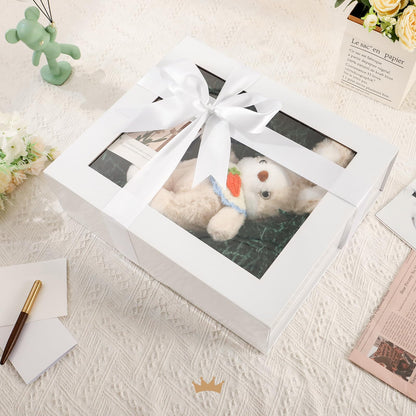 PACKQUEEN Extra Large White Gift Box with Window, 16.3x14.2x5 Inches Clear Gift Box for Present Contains Ribbon, Card, Bridesmaid Proposal Box with Lid (Glossy White)
