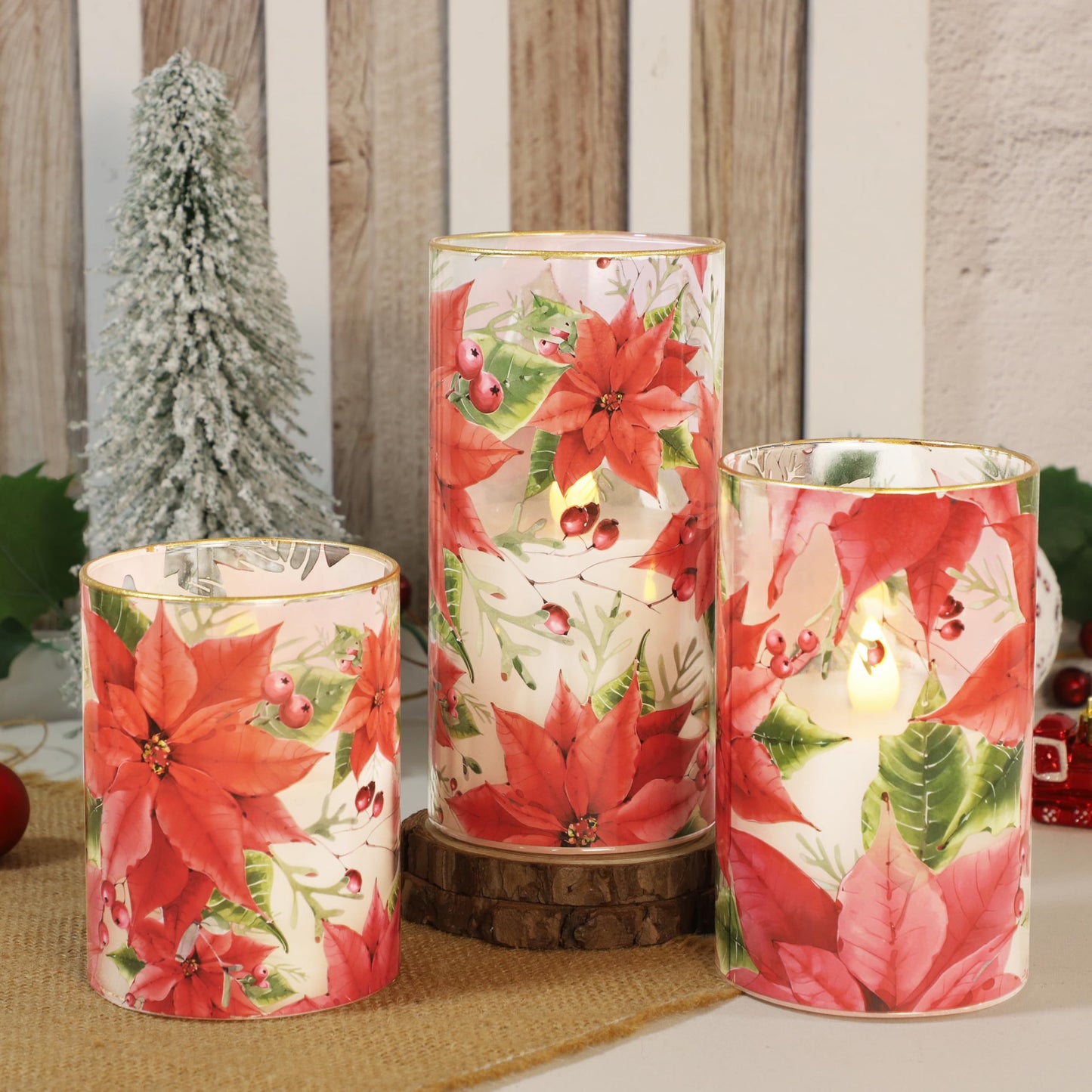Crystal Club Red Poinsettia Christmas Flameless Candles with Remote, Battery Operated LED Pillar Candles, Real Wax & Glass 3D Flickering Flame Holiday Decor for Christmas, Mantel, Gift (Set of 3)