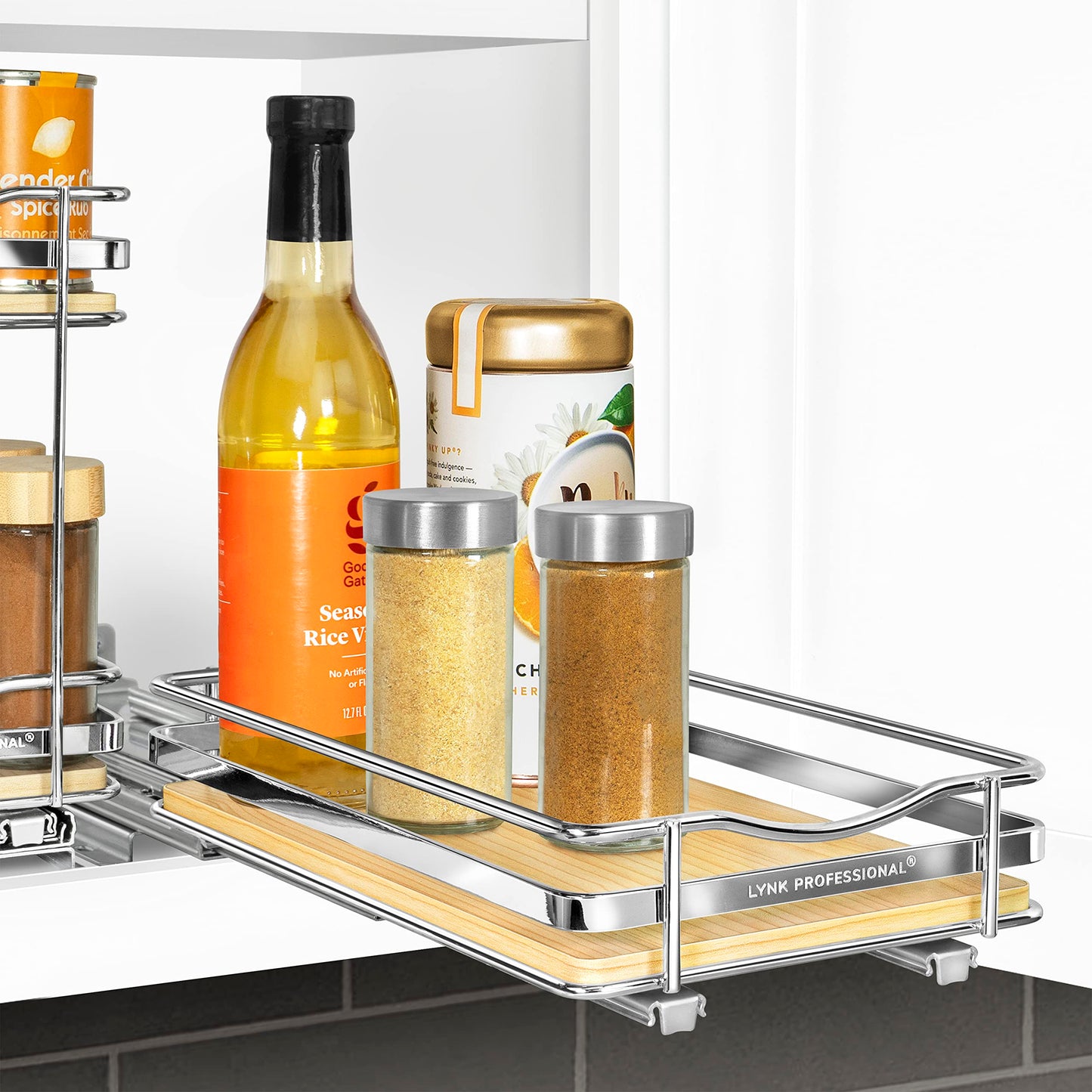 LYNK PROFESSIONAL® Pull Out Spice Rack Organizer for Inside Kitchen Cabinets - 4-1/4 inch Wide - Slide Out Drawer – Chrome Sliding Spice Cabinet Organization Shelf Racks - 2 Tier