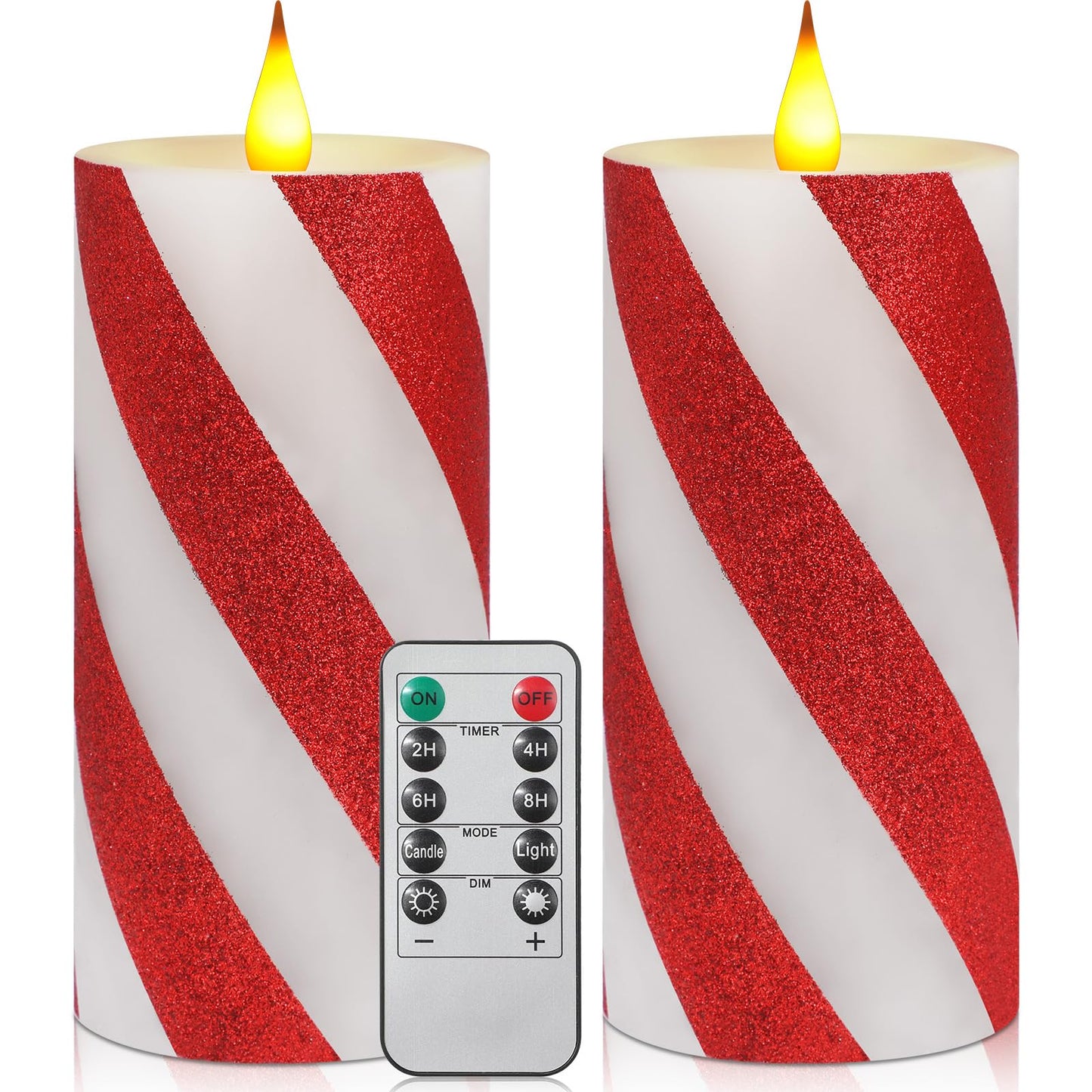 Retisee 2 Pcs Stripe Flameless Pillar Candles with Remote Timer Candle Striped Flickering LED Real Wax Battery Operated Fake Candle Glitter Stripe Pillar for Home Decor(3" X 6",Red)