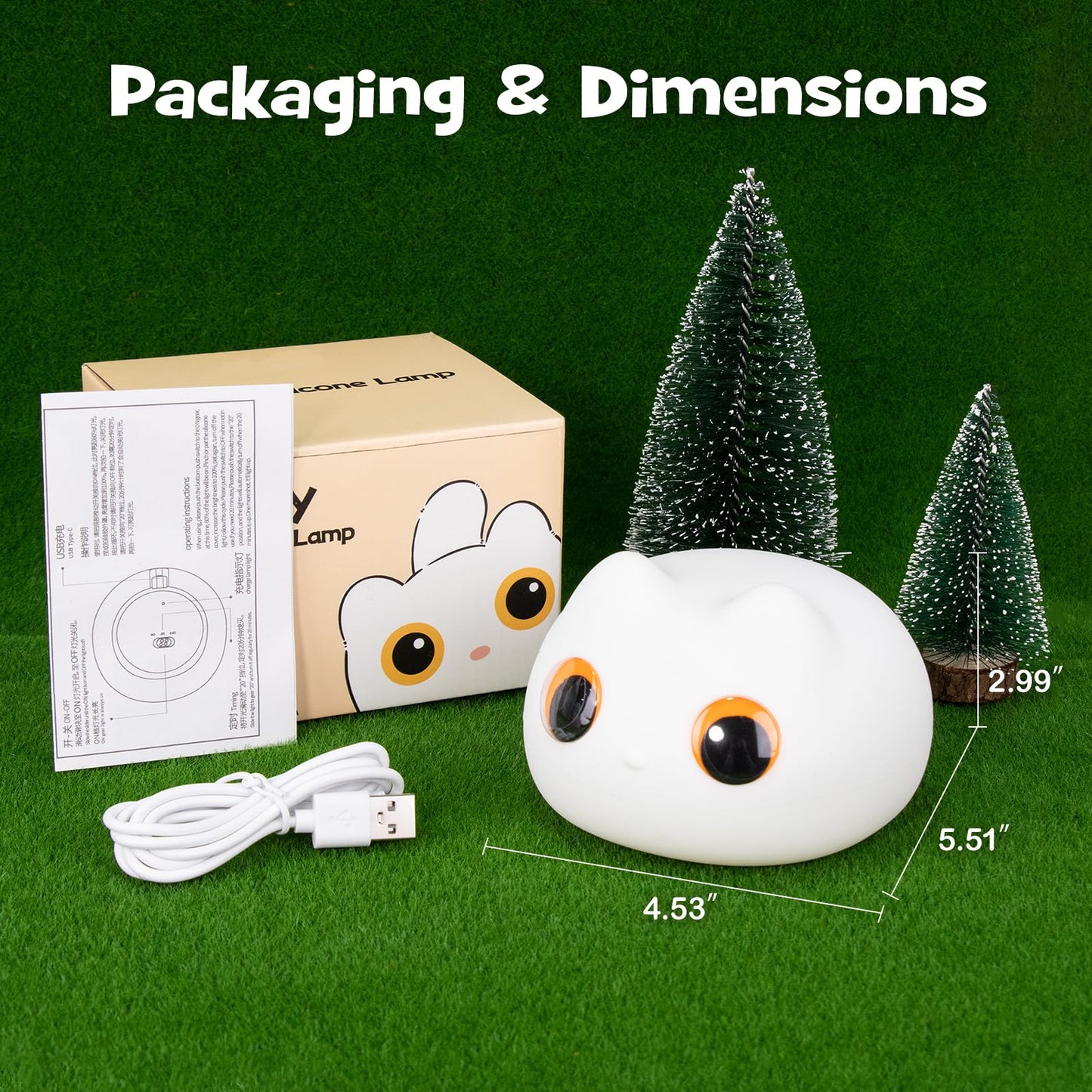 Squishy Cat Night Light 2 Brightness Adjustable Cute Big Eyes Kitty Light with 20mins Timer Nursery Breastfeeding Nightlight Rechargeable Silicone Touch Bedside Animal Lamp for Home Bedroom Dorm Decor