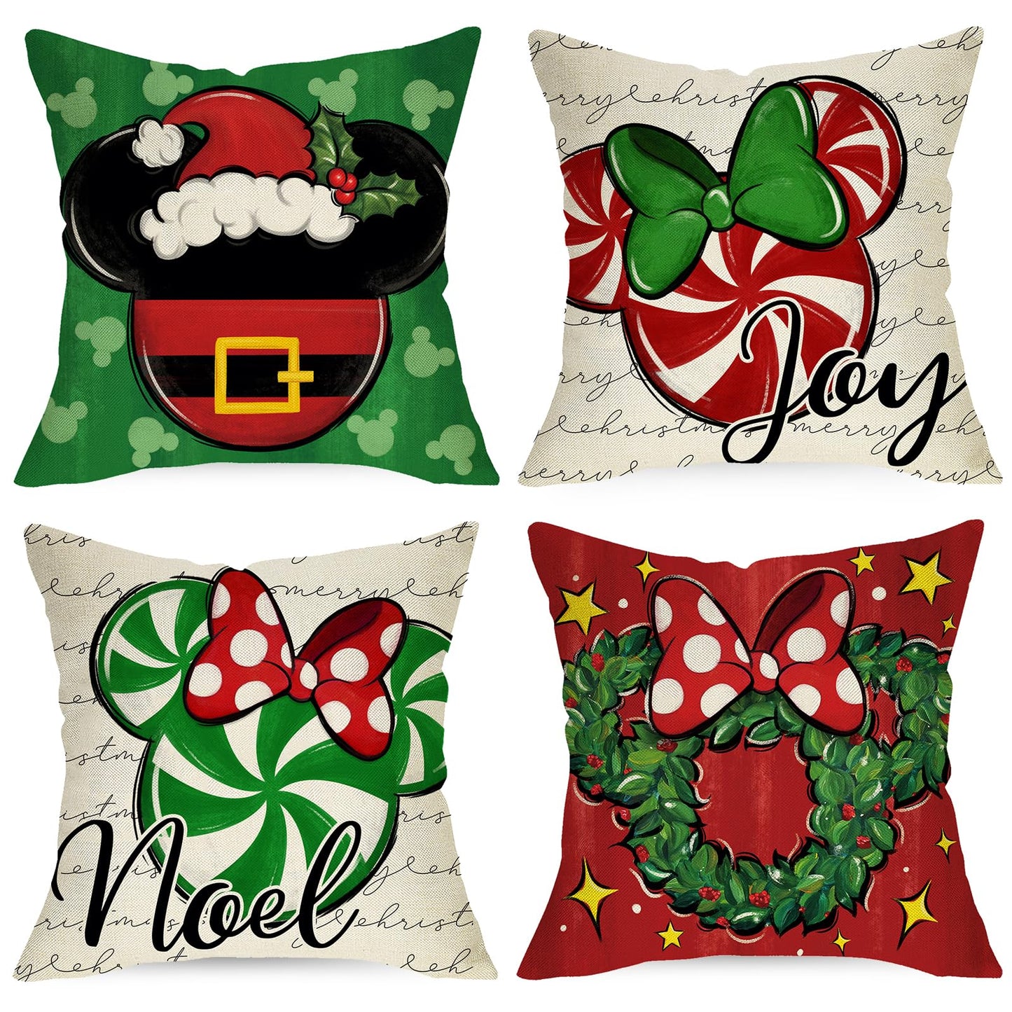 Ussap Merry Christmas Decorative Throw Pillow Covers 18 x 18 Set of 4, Xmas Candy Cane Wreath Red Green Bow Cushion Case Decor, Noel Joy Winter Holiday Farmhouse Home Sofa Couch Decoration