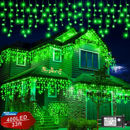 Icicle Lights for Outside - 33FT 400 LED Icicle Christmas Lights Outdoor with 75 Drops 8 Modes Timers, Waterproof Connectable Hanging Lights for Indoor House Eaves Yard Party Decorations, Green