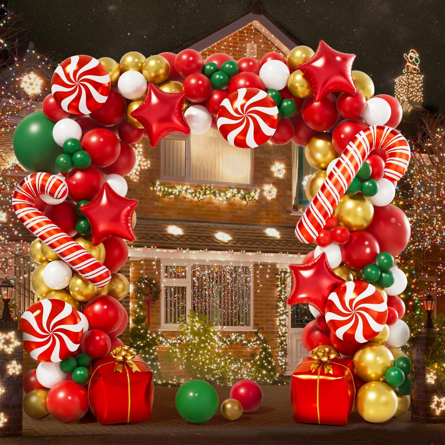 AobkDeco 151PCS Christmas Balloon Garland Arch Kit with Red White Golden Dark Green Balloons Candy Foil Balloon Candy Cane Balloon Gift Box Balloon Star balloon for Christmas Party Decorations