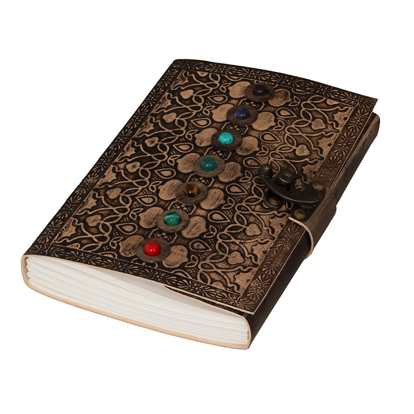 AzureGreen Leather Book of Shadows Journal, Supernatural Notebook with Chakra Gem Stones Healing Crystals and Latch