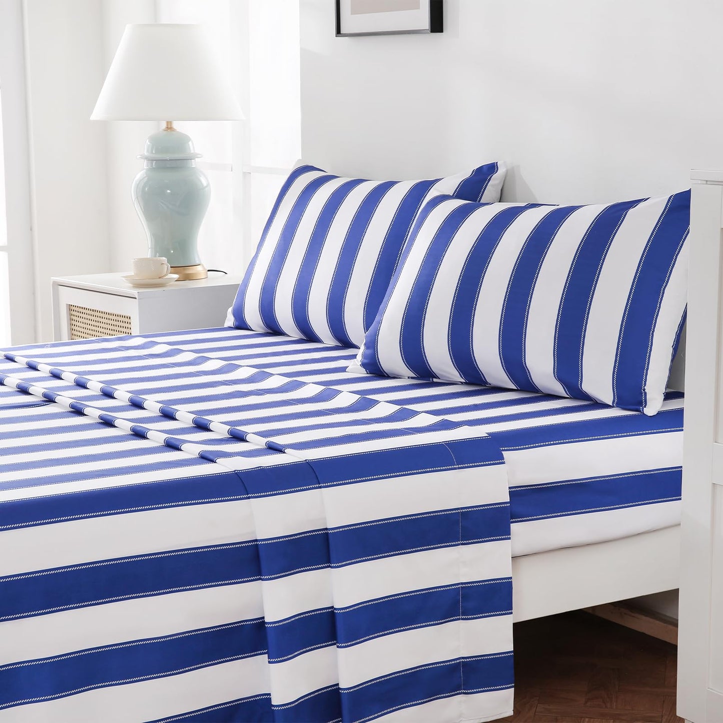MCO 4Pieces Striped Sheets Set, Breathable King Sheet Set with 16" Deep Pocket,Modern & Luxury, Brushed Microfiber Bedding Set(King, Navy Blue)