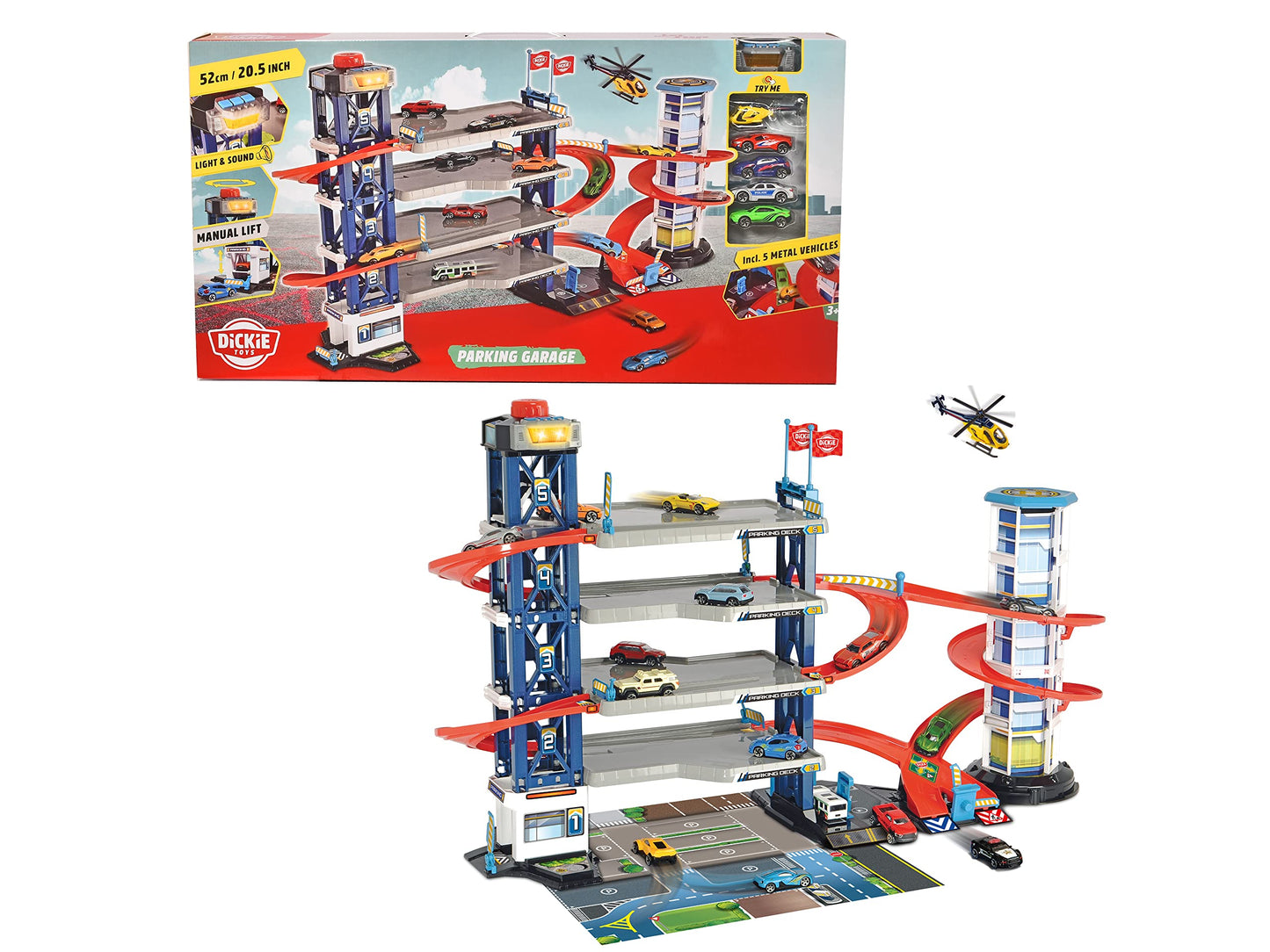 Dickie Toys Parking Garage, Playset, Parking Garage, 4 Floors, Elevator, 4 Die-Cast Vehicles, 1 Helicopter, Light & Sound, Includes Batteries