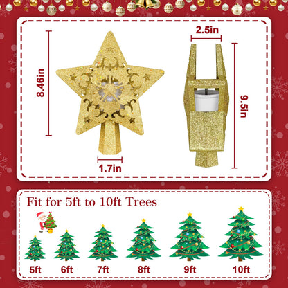 Christmas Tree Topper with Built-in 360° LED Rotating Projector, 3D Hollow Sparkling Gold Star, 3m Plug in Christmas Tree Top Decorations, Indoor Office Party Holiday Home Xmas Treetop Cool Ornament