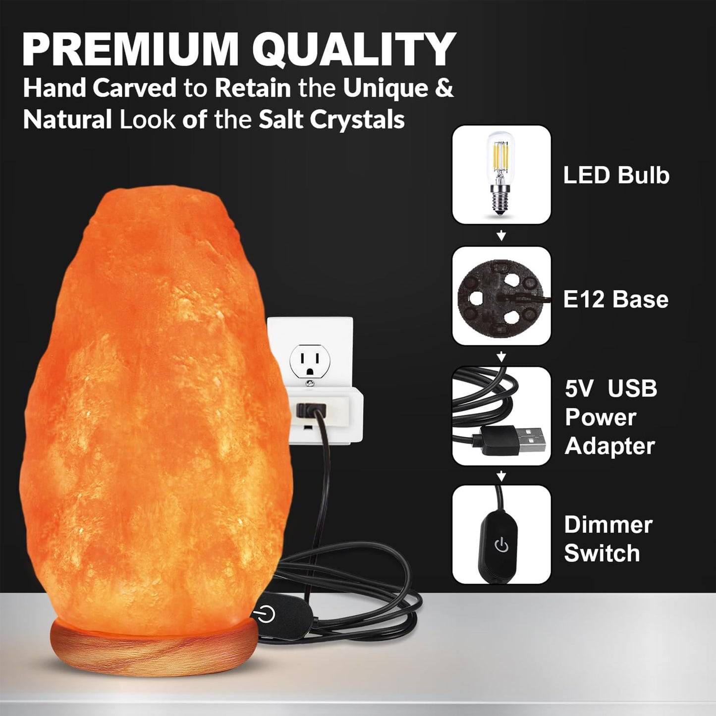 WBM LLC Himalayan Glow Natural Pink Salt Lamp, Crystal Salt Lamp Night Light with (ETL Certified) Brightness Control Dimmer Switch, Wooden Base & Salt Lamps Bulb | 6-8 LBS, Model Number: 1001