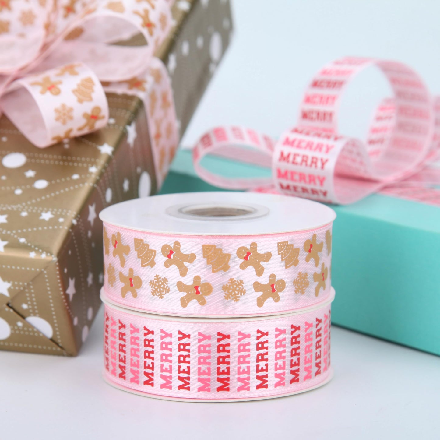 Meseey Gingerbread Ribbon 7/8 Inch 20 Yards Pink Merry Christmas Candy Cane Craft Ribbon for Gift Wrapping Wreath Bow DIY Crafts Supplies