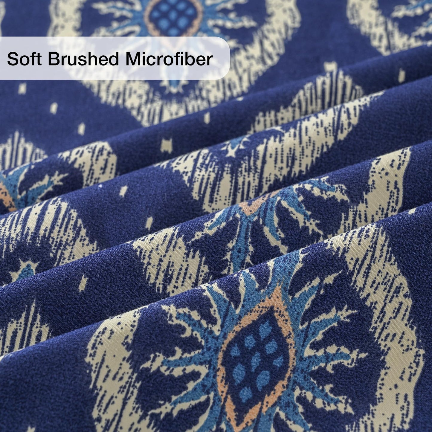 Yibeizi Navy Blue Patterned Queen Sheet Set Boho Printed Bed Sheets Microfiber Bedding Sheets & Pillowcases Soft 15" Extra Deep Pocket Fitted Bedsheet 4 Piece