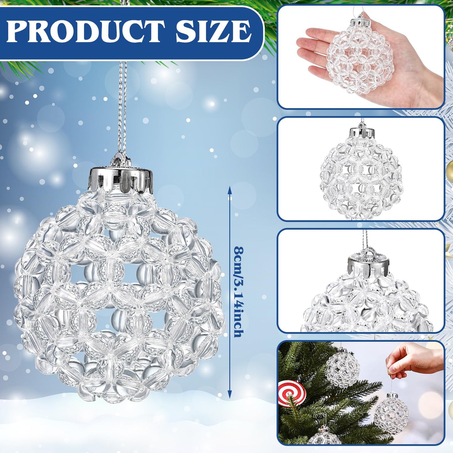 Norme 6 Pcs Beaded Crystal Christmas Balls Ornaments Handmade Ball 3.15 Inch Christmas Tree Decorations Hanging Acrylic Crystal Ornament for Xmas Wedding Party Holiday Decor