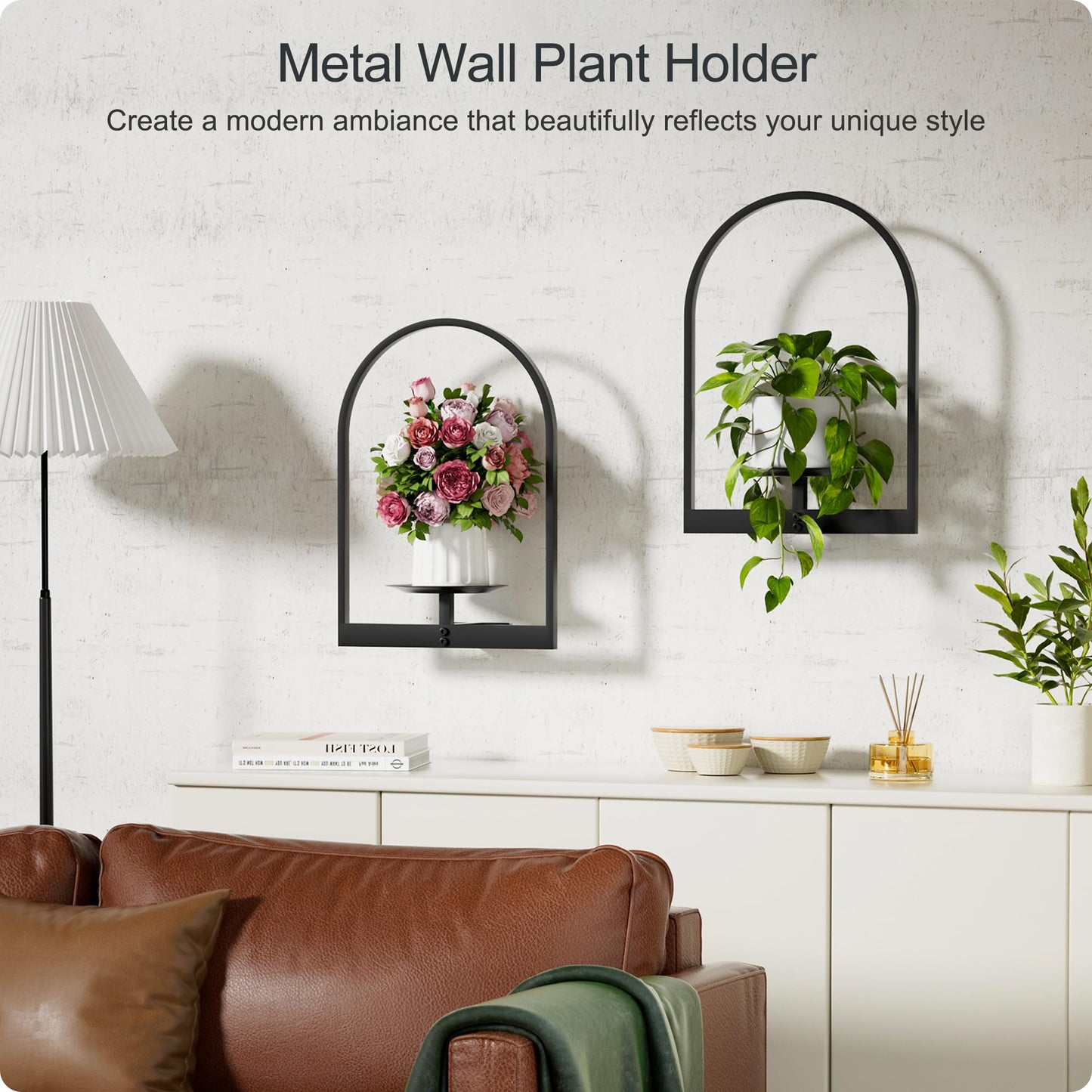BUTUNITA Black Metal Wall Plant Holder - 2-Pack Wall Mounted Plant Stands and Hanging Holders for Indoor Planter and Flower Pot - Arch Decor Shelf for Plant Storage (Pot Not Included)