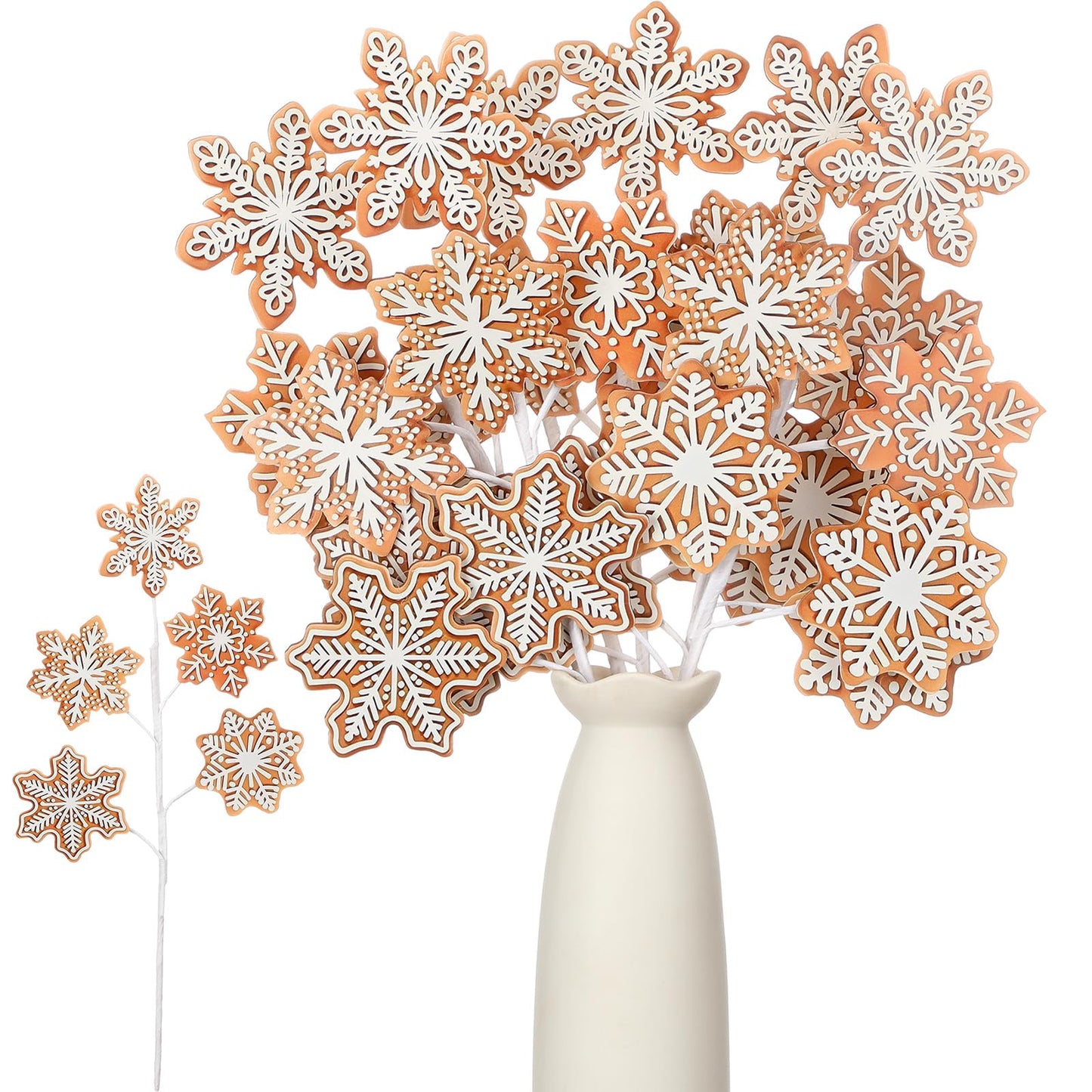 Sosation 6 Pcs 15.8 Inch Christmas Gingerbread Snowflake Picks Gingerbread Snowflake Shape Christmas Tree Sprays Xmas Wooden Ornaments Craft for Xmas Tree Decorations Home Office Vase Party Ornaments